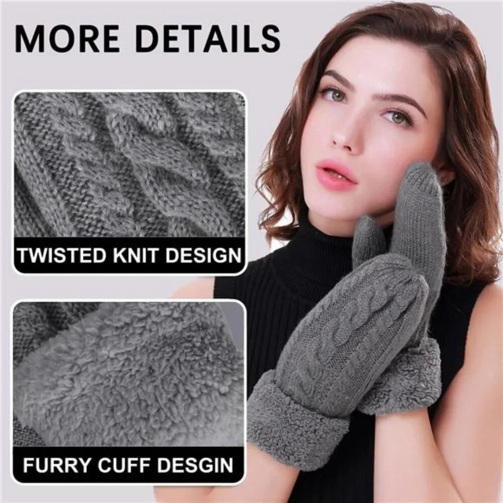 WomWomen's Wen's Winter Gloves Warm Lining - Cozy Wool Knit Thick Gloves Mittens